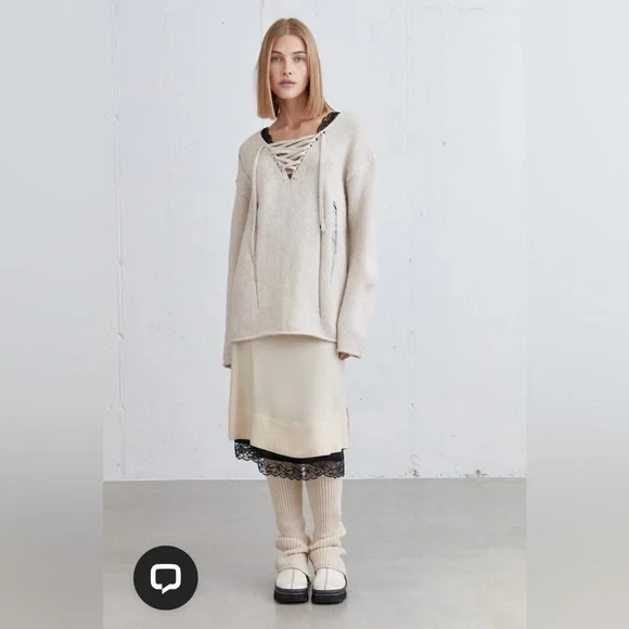 78$ NWT OAK+FORT Lace-Up Distressed Sweater | Relaxed Fit | NWT | Size S-M - Picture 3 of 15